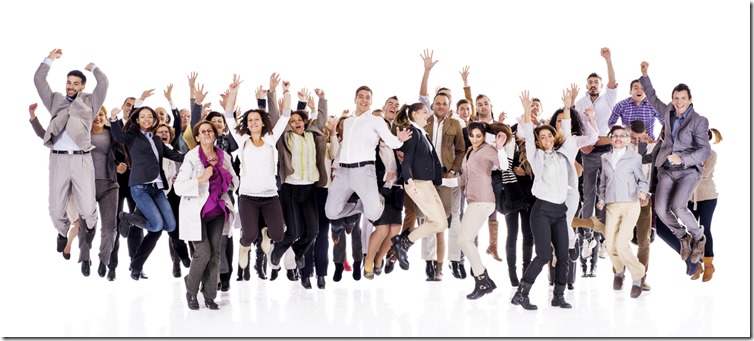 Crowd of cheerful business people jumping with raised arms.